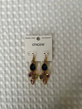 Chico's Gold-Tone Dangle Earrings with Blue and Pink Accents